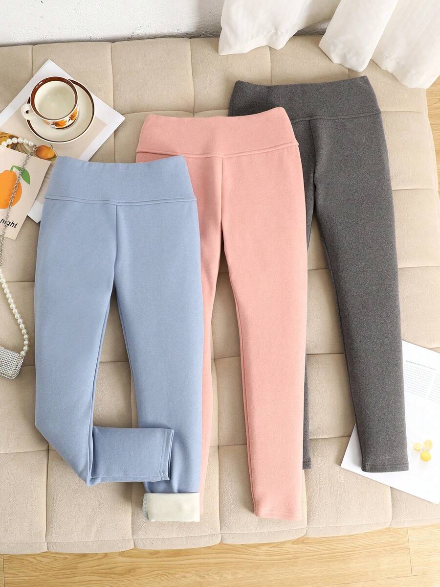 SHEIN 3pcs/Set Tween Girls' Ribbed High Waist Thermal Lined Leggings, Winter Leggings For Girls, Preteens Girl Leggings, Tween Girls Sets, Teen Girl Pants - Baby Blue - View 1