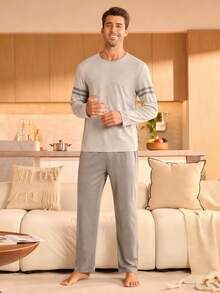 Manfinity Underwear&Sleepwear Basics Men's Contrast Stripe Long Sleeve Top & Pants Pajama Set, Fall Winter Clothes
