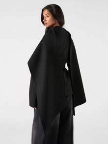 LYSMO 2025 秋冬新款女士简约黑色长袖大衣，配腰带和围巾设计 - 黑色 - 查看 2