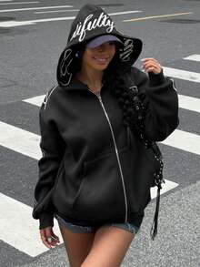 Muchica Autumn Women's Black Hooded Zipper Long Sleeve Letter Embroidery Design Casual Sweatshirt, Long Sleeve Top Graduation, Back To School Clothing, Graduation, Women's Teacher Clothing, Autumn And Winter Back To School,Fall,Fall Clothes For Women - Black - View 5