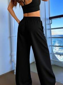 Veykashi Ropa de mujer de talla grande de pana para otoño/invierno, ropa de mujer de negocios casuales para primavera/verano, pantalones anchos elegantes negros con bolsillos para el Día de San Valentín. Vacaciones en la playa