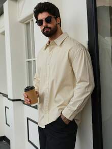 DAZY 男士休闲宽松落肩长袖纯色衬衫，百搭日常通勤，春秋季 - 杏色 - 查看 6