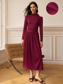 Omancia Women's Ruffle Collar Long Sleeve Off-Shoulder Pleated Fitted Fashionable Dress - Coffee - View 3