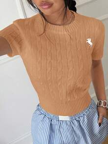 Flirla 女式休闲百搭扭纹针织圆领短袖上衣 - 駝色 - 查看 4