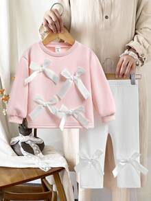 SHEIN 女婴幼儿新生儿 0-3 岁休闲日常搭配蝴蝶结装饰圆领长袖运动衫 + 罗纹针织裤套装，秋冬 - 粉色 - 查看 7