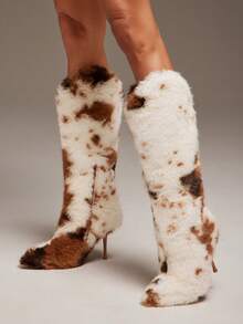 SHUZIA Women's Snip Toe Skinny Heel Cow Print Faux Fur Tall Western Boots For Christmas - Camel - View 2