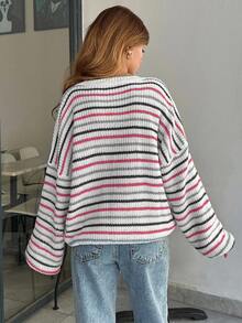 EURMUSE Women Stripe Pattern Round Neck Drop Shoulder Pullover - Multicolor - View 4