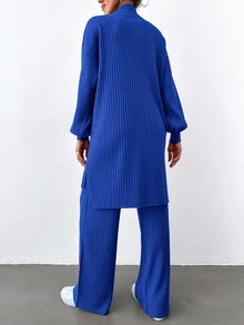 EURMUSE 2 件套女士休闲日常纯色拉链宽松落肩毛衣和裤子套装，秋冬 - 寶藍色 - 查看 2