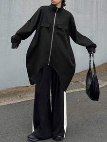 FRIFUL Women's Solid Black Stand Collar Raglan Sleeve Pocket Decorated Metal Zipper Front Short Back Long Loose Casual Versatile Regular Jacket, Autumn/Winter