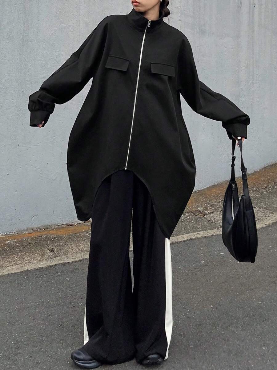 FRIFUL Women's Solid Black Stand Collar Raglan Sleeve Pocket Decorated Metal Zipper Front Short Back Long Loose Casual Versatile Regular Jacket, Autumn/Winter