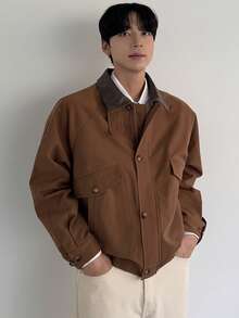DAZY Men's Brown Patchwork Collar Design Jacket And Coat, Autumn - Brown - View 7