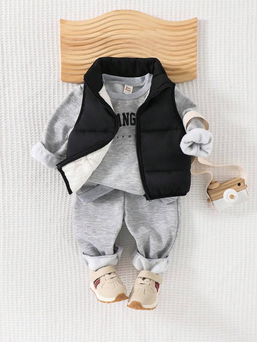 Cozy Pixies مجموعة من 3 قطع للأطفال الصبيان تتكون من: هودي بأكمام طويلة وطباعة حرفية ناعمة، بنطلون بأساور، وصدرية بدون أكمام