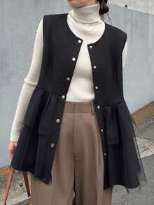 FRIFUL Women's Solid Color Round Neck Sleeveless Front Button Ruffle Hem Casual Jacket - Black - View 4