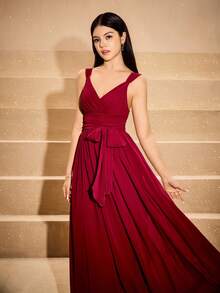 优雅薄纱缎面露背连衣裙，适合少女、花童、婚礼、舞会、万圣节、圣诞节、勃艮第酒红色、青少年、女孩