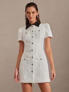 Enchnt Vestido de verano casual y elegante de manga corta con cuello de contraste de color para mujer - Blanco - Ver 7