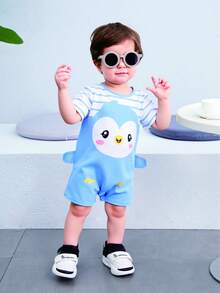 SHEIN Pelele de manga corta con cuello redondo y pantalón corto con estampado de pingüino de dibujos animados y contraste de color para bebé niño - Azul - Ver 6