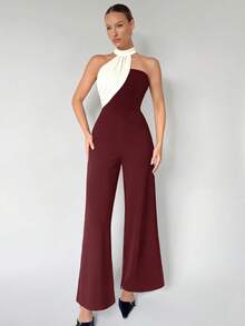 Maija Macacão assimétrico com recorte e ombros descobertos, novo outono/inverno 2025, vermelho e branco, bloco de cores, moderno, elegante, casual, para escritório, versátil, estilo romântico básico, adequado para ocasiões formais, festas, casamentos, shows, brunch, aeroporto, dia nacional, ano novo, Natal, Ação de Graças