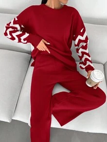 EURMUSE 2 件套女士条纹圆领落肩长袖毛衣和针织裤休闲套装，秋冬 - 紅色 - 查看 3