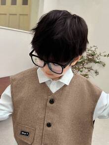 SHEIN 3 件套年轻男孩休闲、舒适、时尚的领衬衫、背心夹克和裤子套装，适合日常穿着、上学、旅行、运动、秋冬季