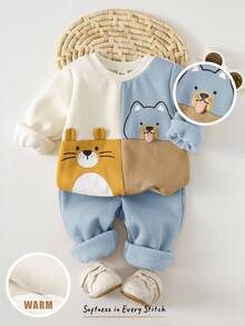 Cozy Pixies 2pcs Baby Boy Cartoon Animal Print Knit Soft Crew Neck Long Sleeve Pullover Sweatshirt And Elastic Waist Jogger Pants Set - Dusty Blue - View 1