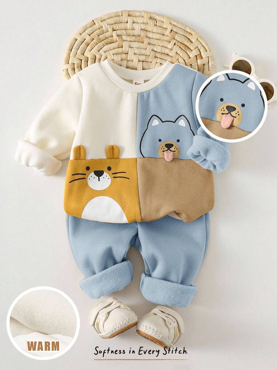 Cozy Pixies 2pcs Baby Boy Cartoon Animal Print Knit Soft Crew Neck Long Sleeve Pullover Sweatshirt And Elastic Waist Jogger Pants Set - Dusty Blue - View 1
