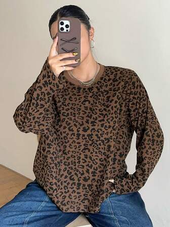 Dazy Plus Plus Size Leopard Print Casual Long Sleeve T-Shirt, Street Style For Plus Size Women, Spring/Autumn