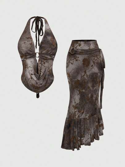 Kawaii Ensemble 2 pièces pour femmes avec top ras-du-cou à col en V profond et dos nu rétro, et jupe moulante queue de poisson avec ceinture anneau rond