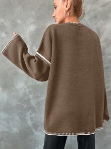 EURMUSE 女士撞色边饰圆领长袖简约毛衣，休闲日常穿着 - 棕色 - 查看 2