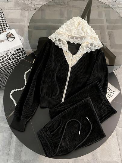 Resyla Conjunto casual de 2 piezas de chaqueta con capucha con cremallera y encaje de contraste y pantalones para mujer en otoño