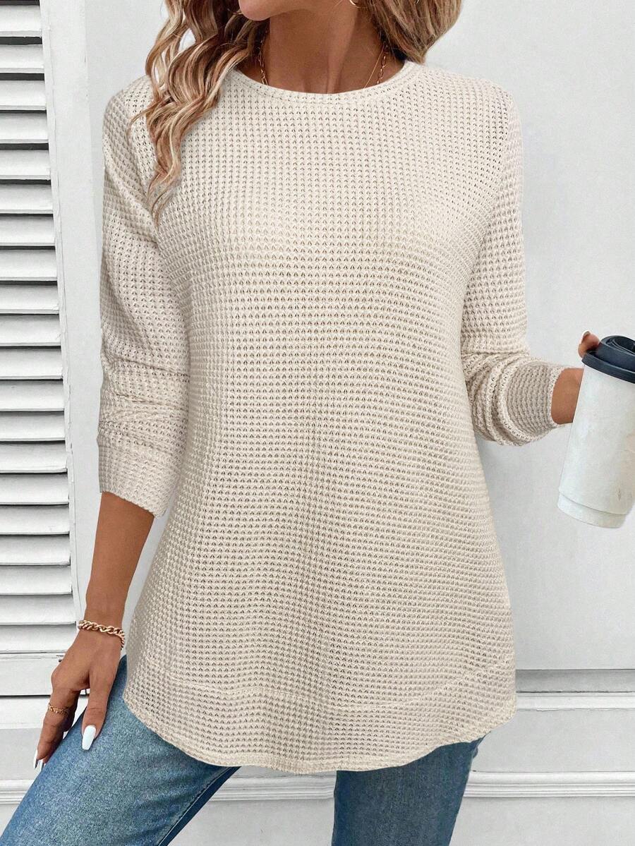 SHEIN LUNE Women's Casual Sweatshirt With Asymmetrical Hem, Textured Jacquard Striped Fabric - Khaki - View 1