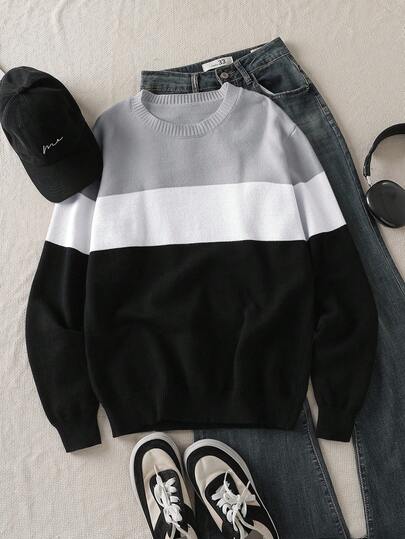 青少年男孩拼色圆领长袖毛衣