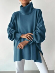 EURMUSE Women's Turtleneck Drop Shoulder Split Hem Sweater - Baby Blue - View 3