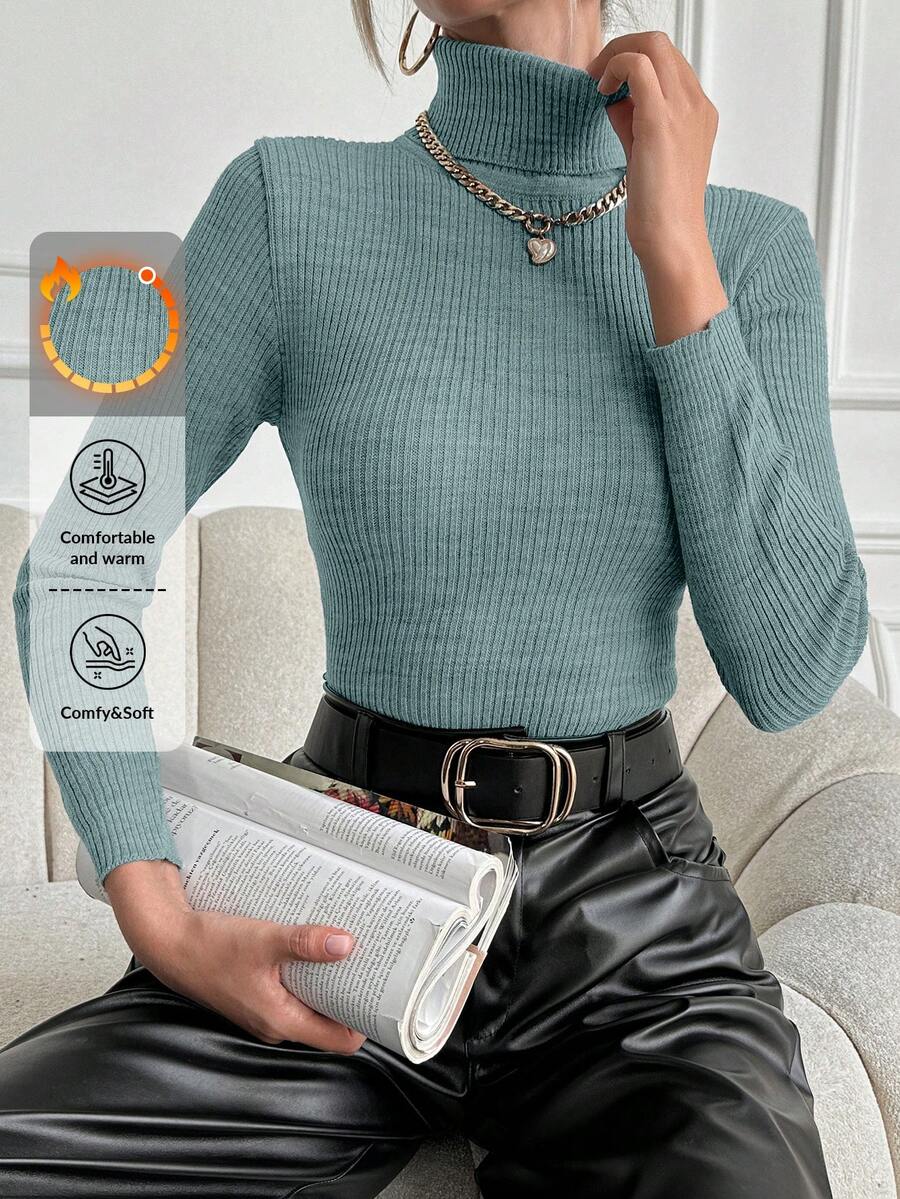 EURMUSE Women's Solid Color Turtleneck Ribbed Knit Sweater - Green - View 1