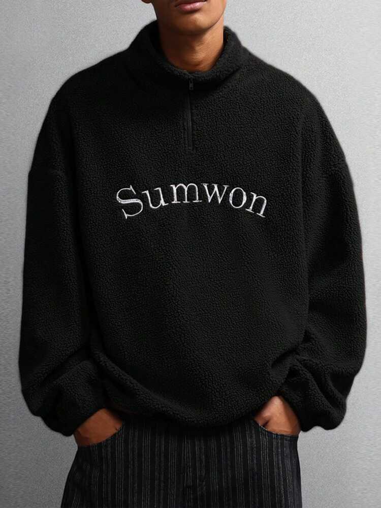 SUMWON Quarter Zip Sherpa Fleece Pullover With Embroidered Logo Winter Cozy Sweatshirt Casual