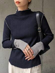 FRIFUL 女士高领撞色罗纹针织修身打底衫，秋冬长袖女款 - 藏蓝色 - 查看 4