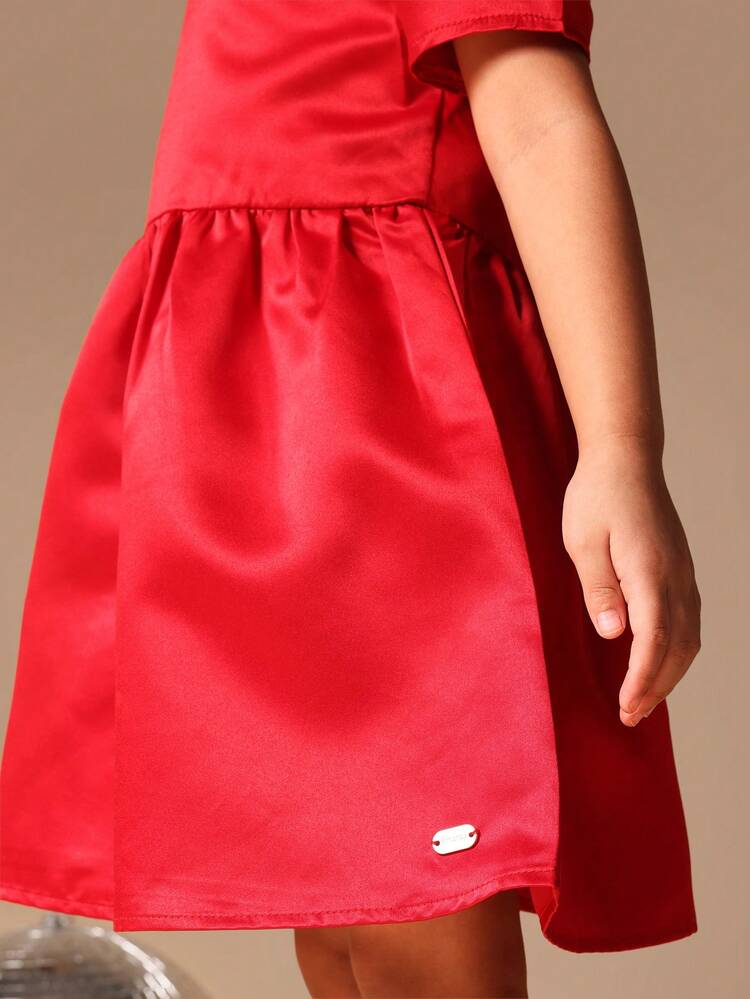 Satin Puff Sleeve Dress With Bow