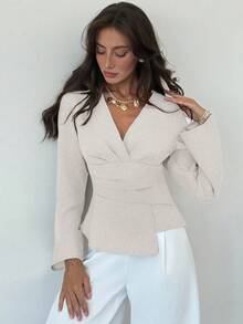 Aloruh New Stylish Commuter Waist Ruched Asymmetric Hem Long Flare Sleeve V-Neck Pullover Blouse - Beige - View 4