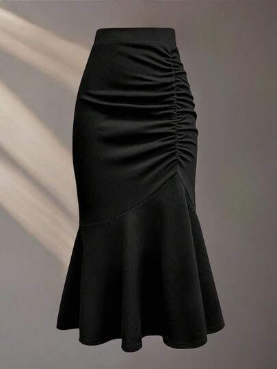 Franclia Women's Fashionable Solid Color Mermaid Skirt With Ruffle Hem,Ladies Elegant Ruched,Ruffle Hem Midi Regular Fit Natural Black Plain Women Skirts,Spring/Fall,Casual Daily Wear