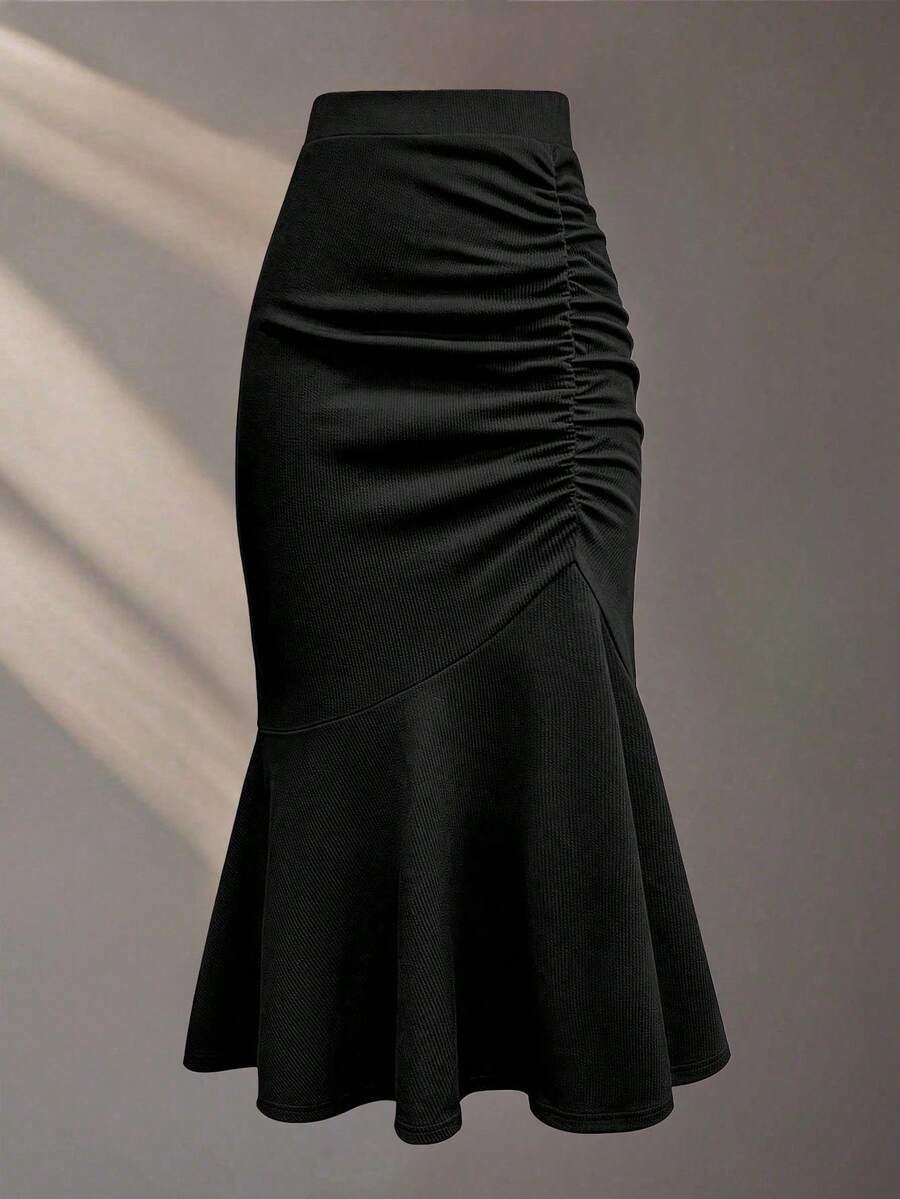 Franclia Váy đuôi cá màu trơn thời trang dành cho nữ có viền xếp nếp, váy midi ... - màu đen - Xem 1