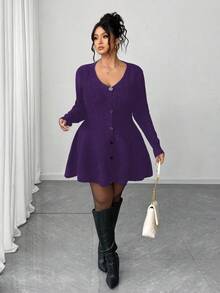 Elenzga Cardigan Wanita Ukuran Besar Elegan Warna Polos Kerah V Kancing Depan, Musim Gugur/Dingin - Purple - View 3
