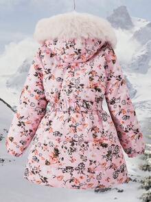 SHEIN Girls' Casual Fashionable Pink Cute Printed Fur Collar Cinched Waist Mid-Length Padded Coat - Baby Pink - View 2