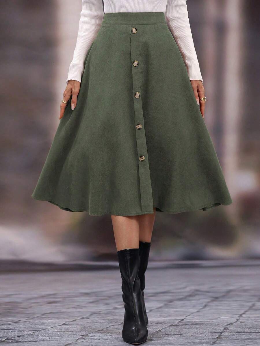 SHEIN LUNE 女式休闲A字纽扣装饰裙,秋季 - 軍綠色 - 查看 1