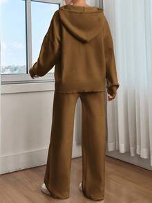 EURMUSE 女士纯色落肩连帽套头衫和毛衣裤套装 - 駝色 - 查看 4