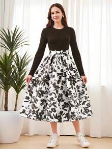 SHEIN Teen Girl Elegant Vacation Contrast Color Print Flared Hem Round Neck Long Sleeve Stretch Woven Dress - Brown - View 3