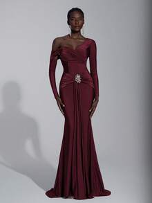 Elitara Elegant Brown Elastic Knit Asymmetrical One Shoulder Long Sleeve Dress,Metal Decor Fish Tail Front Flounce Ball Gown For Wedding,Party,Vacation - Burgundy - View 1