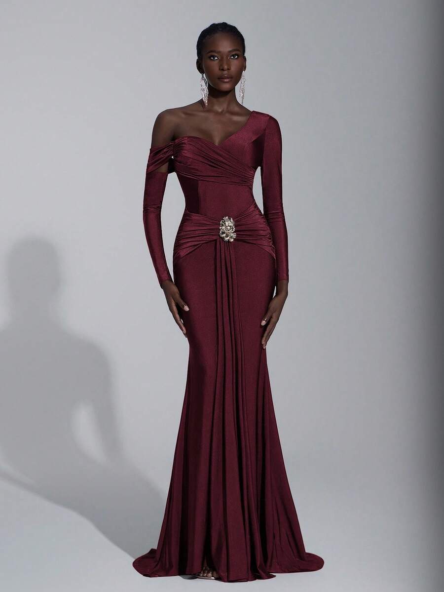 Elitara Elegant Brown Elastic Knit Asymmetrical One Shoulder Long Sleeve Dress,Metal Decor Fish Tail Front Flounce Ball Gown For Wedding,Party,Vacation - Burgundy - View 1