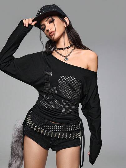 Grunge Punk Punk LOVE Rivet Batwing Sleeve Oblique Shoulder Bodycon Top