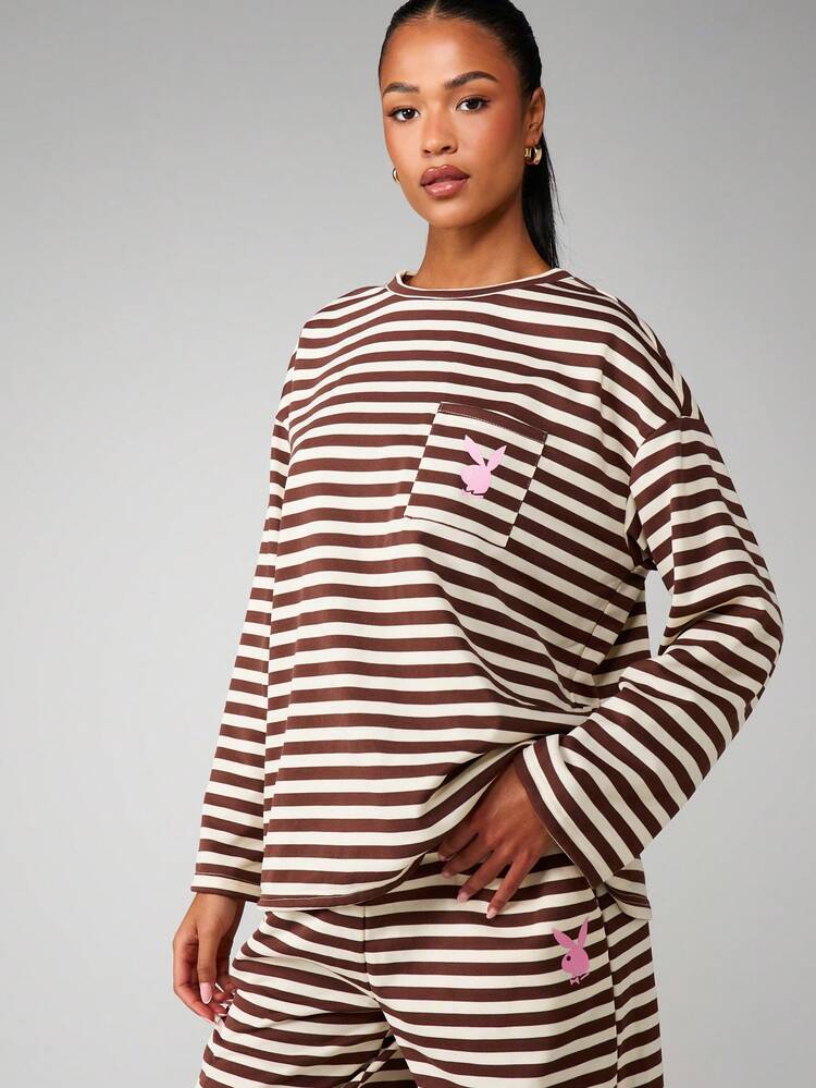 Missguided x Playboy Striped Long Sleeve Oversized Crew Neck Bunny Logo Tee Casual Comfort Top