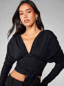 MISSGUIDED 秋冬时尚长袖 V 领裹身上衣，带系带细节 - 黑色 - 查看 6