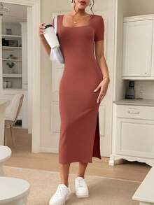 SHEIN Frenchy 女式休闲纯色方领短袖连衣裙 - 亮橙色 - 查看 5
